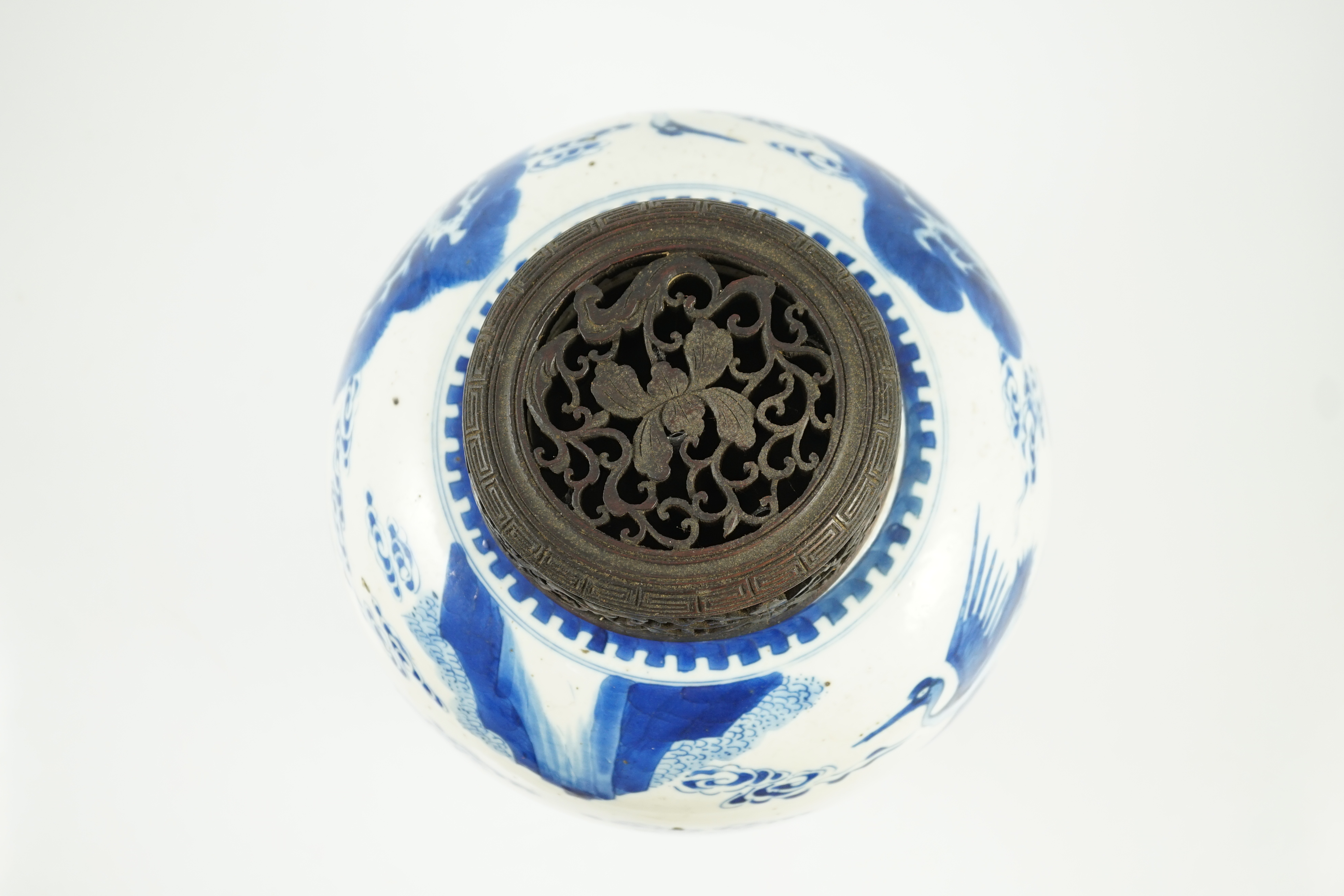 A Chinese blue and white ‘deer and crane’ ovoid jar, Kangxi period